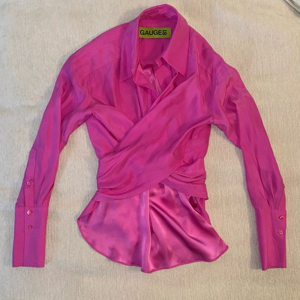 Gauge81 Sabinas 100% Silk Top Shirt Blouse Soft Pink Barbie Fuschia Rare XS Wrap - Picture 5 of 7